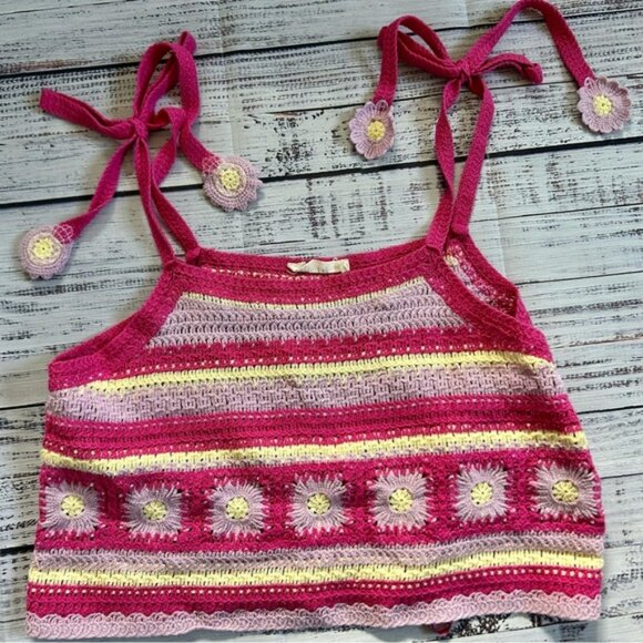 New In Brand Boho Beachy Pink and Yellow Crochet Crop Top Flowers - Picture 1 of 5
